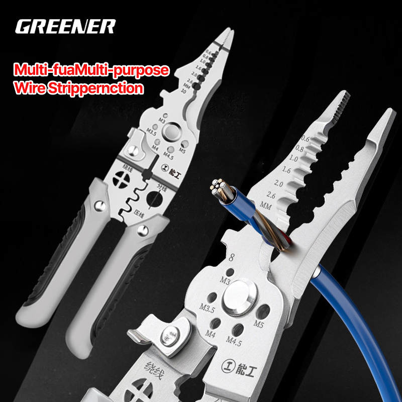 Automatic Wire Stripper Cutter - GREENER 自動調整機能付きワイヤーストリッパー、圧着ペンチ、カッタープライヤー。CR-V鋼製。電気工事、ケーブル、自動車、家庭での修理に使える多機能ツール。