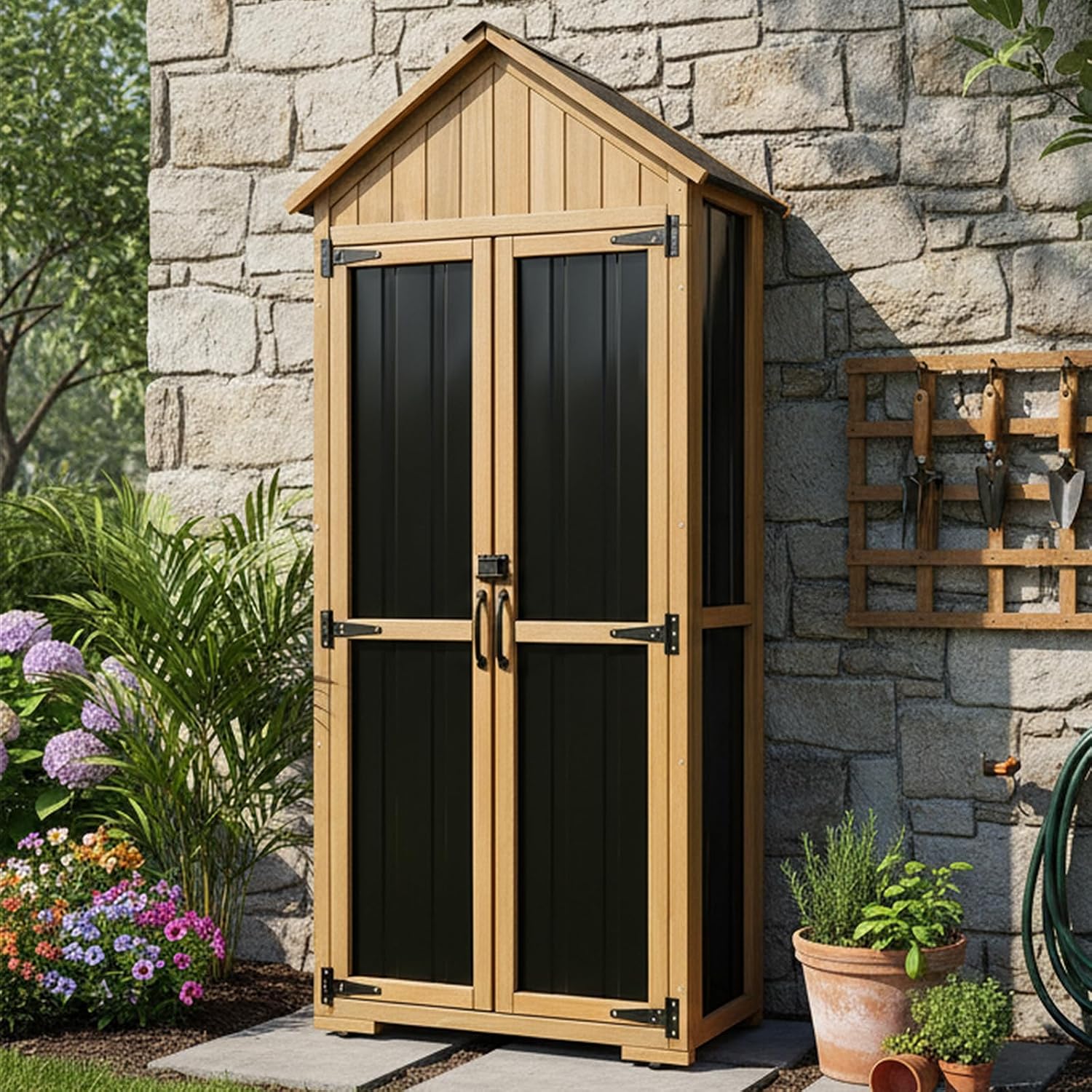 Garden Tools - 屋外用収納キャビネット。防水加工が施され、棚付き。木製と金属製の組み合わせで、庭やパティオでの使用に最適。工具を整理整頓できる。カスタマイズも可能。