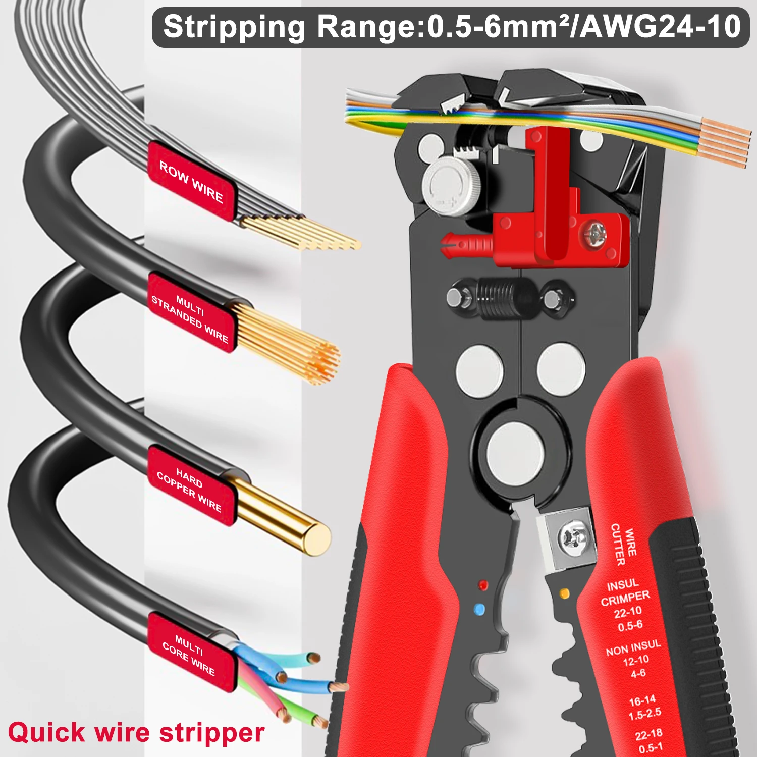 Automatic Wire Stripper Cutter - HS-D1 自動調整式ワイヤーストリッパー。3つの機能（ストリッパー、カッター、圧着）を1台に集約。10～24AWGの電線に対応した、耐久性に優れた自動電気ワイヤーストリッパー。