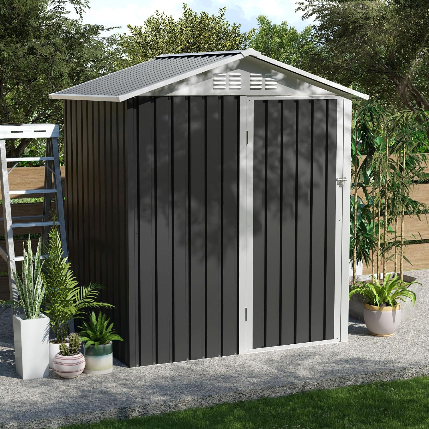 金属製の屋外収納小屋、サイズ5.4x4.3、蝶番付きドア、ガ - Garden Tools のレビューと価格